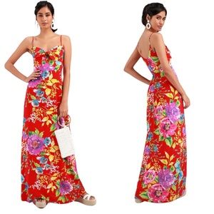 Lulu’s Santiago Red Floral Print Tie-Front Maxi Dress